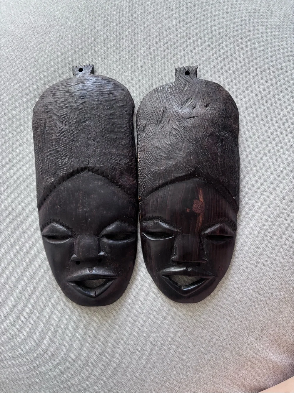 Hand- crafted vintage-style African carved wood wall mask - Set of 2